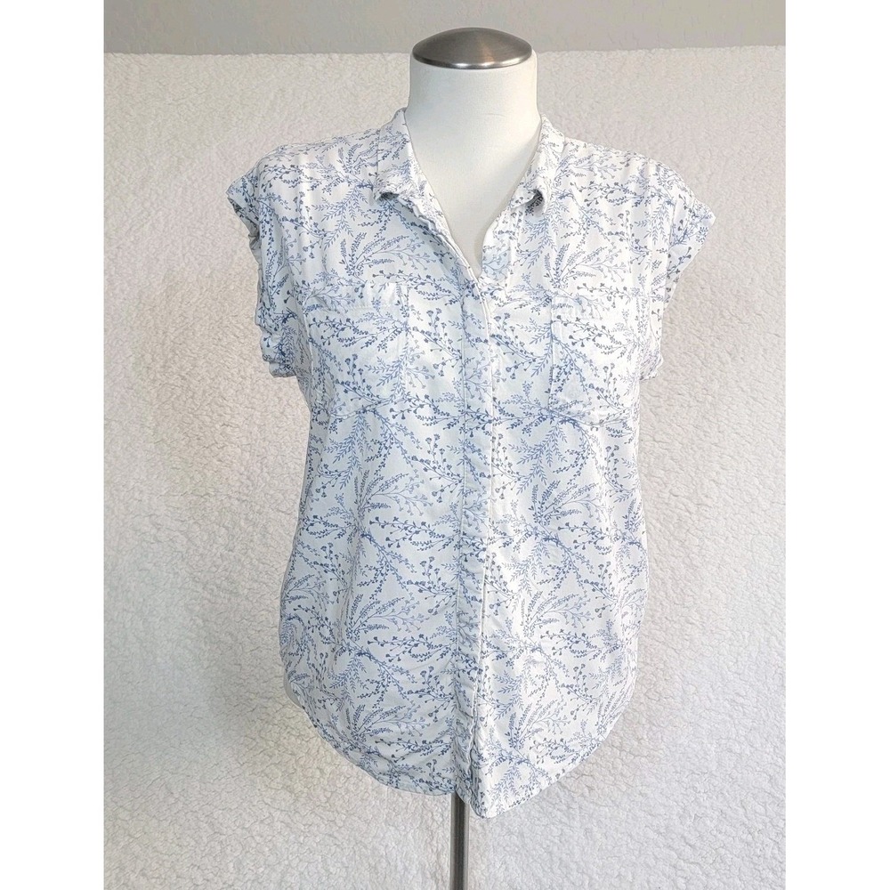 Jachs Girlfriend Button Down Top Womens Large White Blue Floral Cap Sleeve Rayon